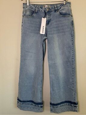 Madden Girl Slouchy Wide Leg Jeans Light Wash Frayed Layered Hem Size 1